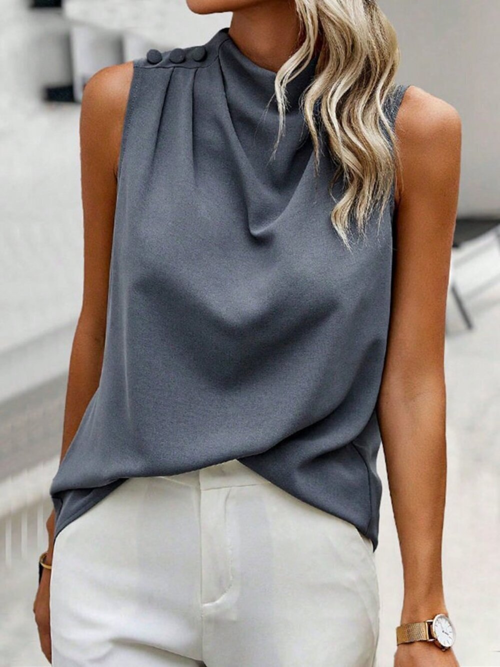 Dusty Blue Elegant Women's Sleeveless Stand Collar Shirt